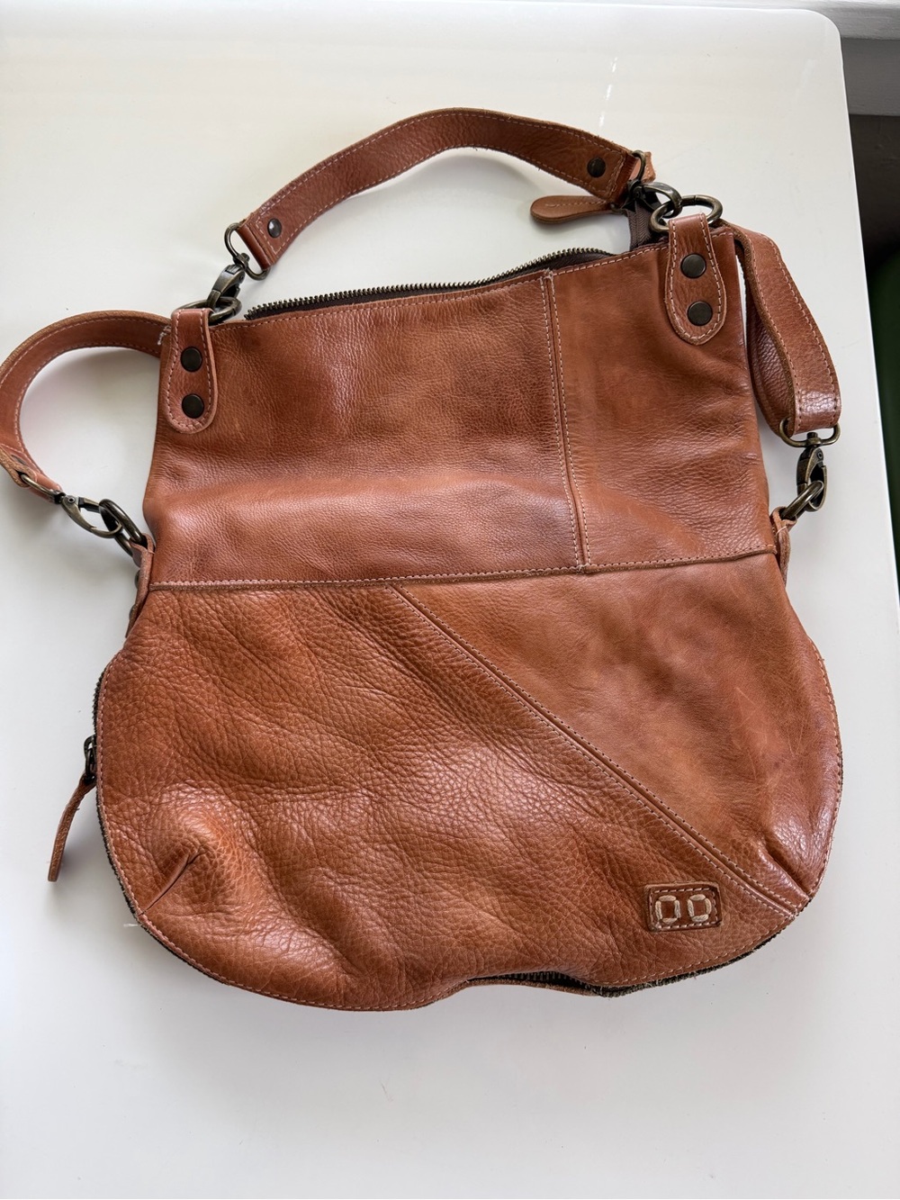 Bed Stu Distressed Leather Shoulder Bag in Tan